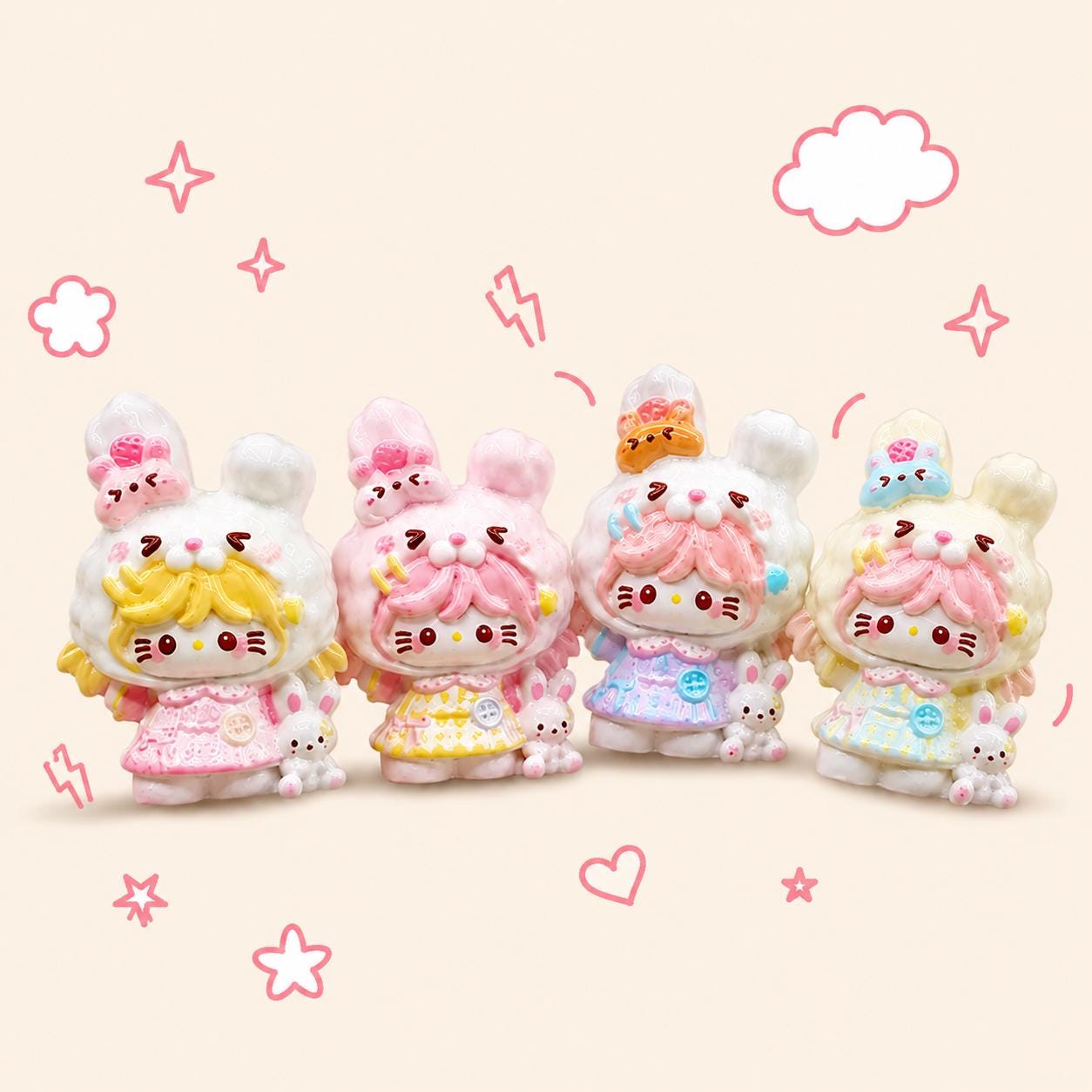 32-33mm Pastell Kawaii Hasen-Stil und Cabochons, Charakter-Harzanhänger für Decoden, Handyhüllen- und Schlüsselanhänger-Basteleien