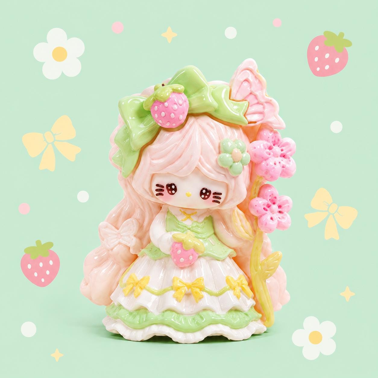 Resin Strawberry Princess Cat Charms, Kawaii Flatbacks for Decoden Phone Cases, DIY Crafts