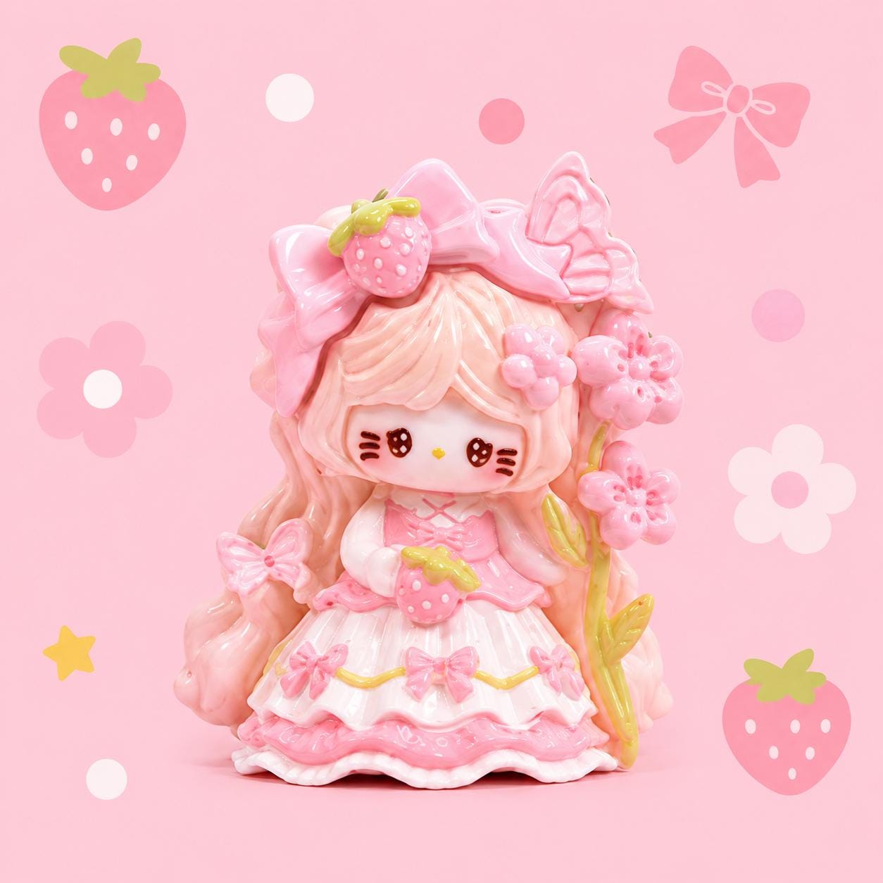 Resin Strawberry Princess Cat Charms, Kawaii Flatbacks for Decoden Phone Cases, DIY Crafts